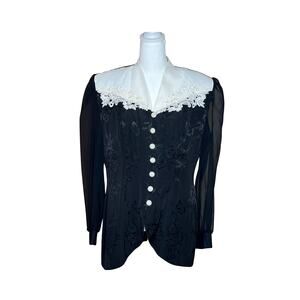 Vintage 80s Womens Blouse Size 12 Black Sheer Pearl Buttons Goth Victorian Royal